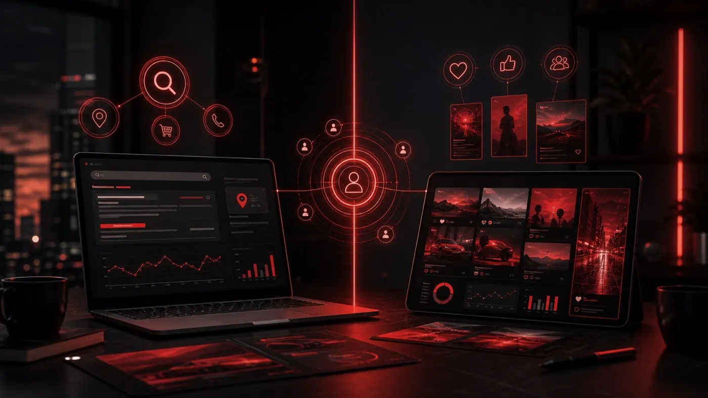 Google Ads ve sosyal medya reklamlarını karşılaştıran kırmızı siyah premium dijital reklam görseli